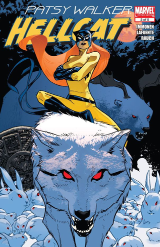 The comic book version of Hellcat doesn’t normally ride wolves, but at least you can see her superhero outfit.